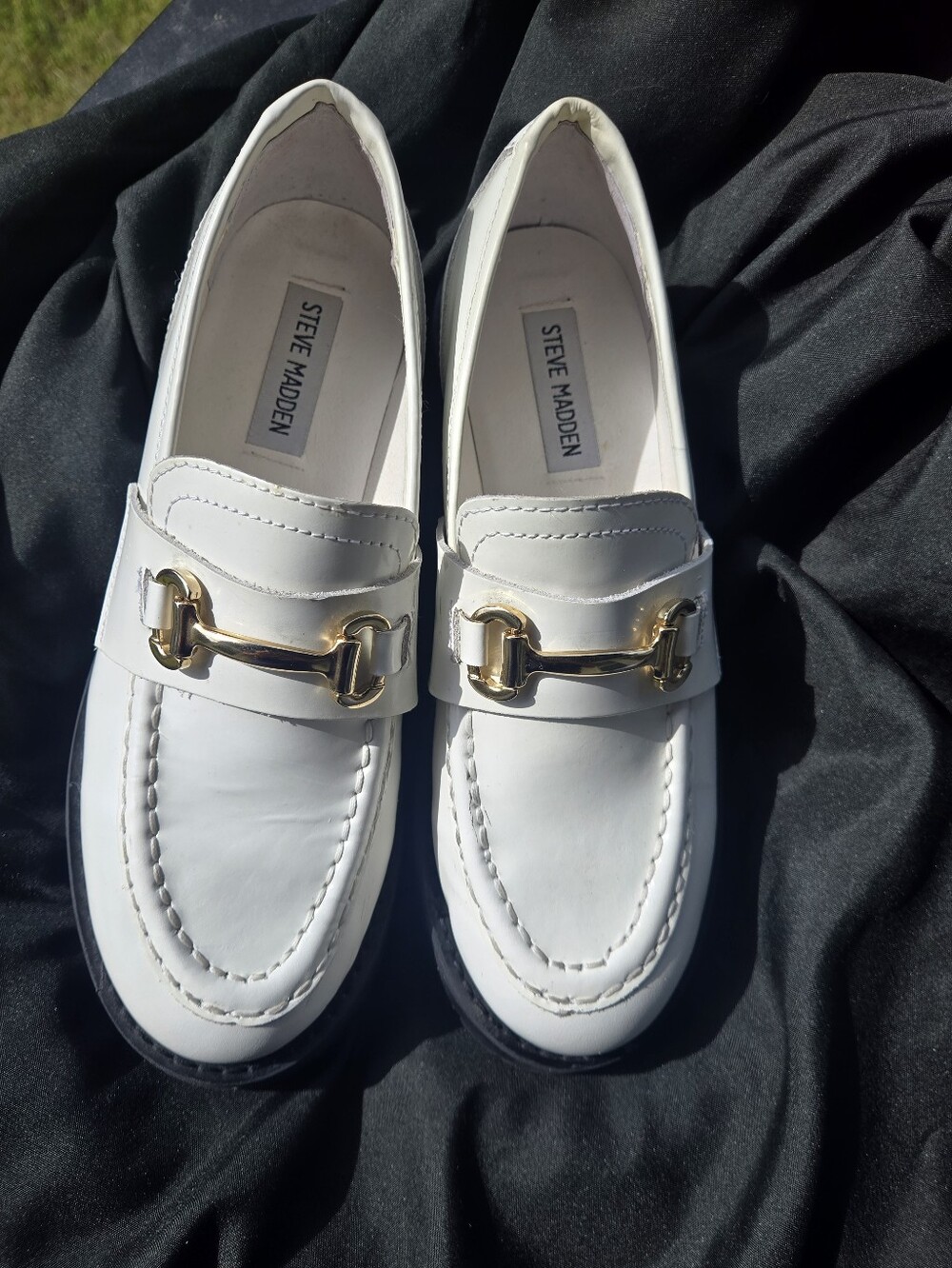 Steve Madden White Leather Chunky Lug Loafers with Gold Bit - Picture 2 of 5